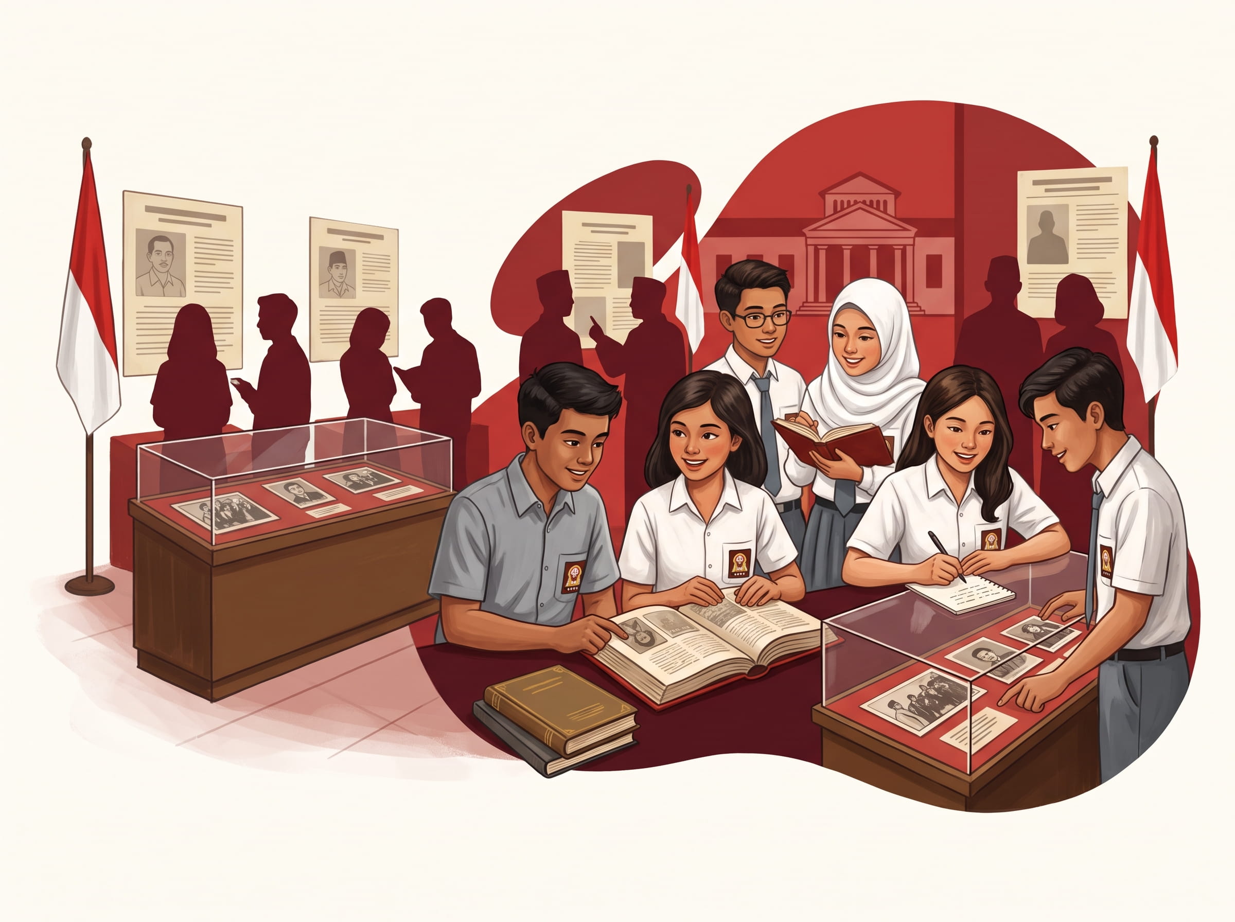Ilustrasi pengunjung muda sedang menjelajahi Museum PNI